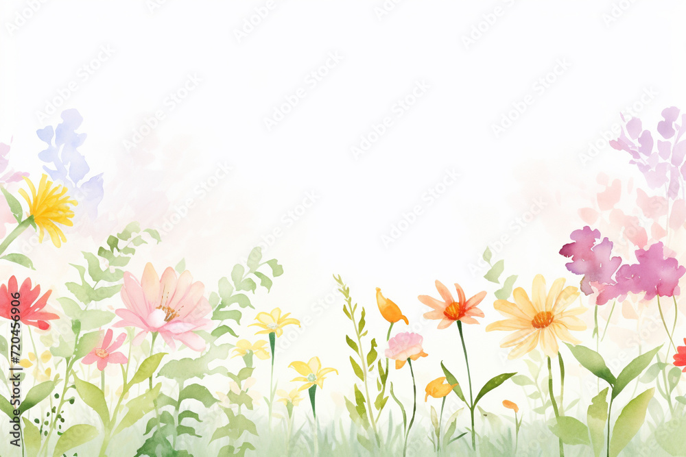 A garden scene filled with variety of blooming flowers in watercolor style , cartoon drawing, water color style