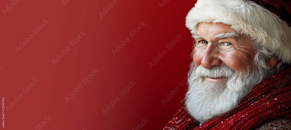 Cheerful santa claus with copy space on red background for text placement and festive holiday design Cheerful santa claus with copy space on red background for text placement and festive holiday design