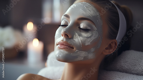 Young woman in grey mask smiling confident having facial treatment at beauty center laying in big white chair, spa wellness center, banner, copy space