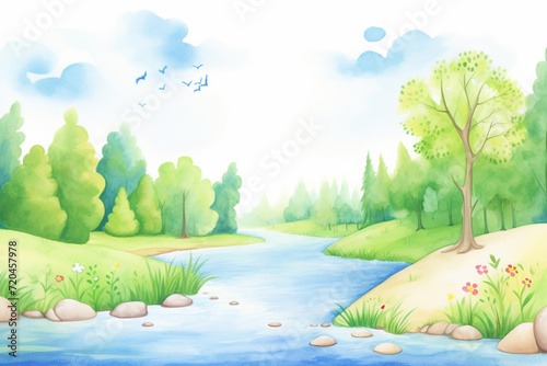A peaceful river winding through the heart of a tranquil forest , cartoon drawing, water color style