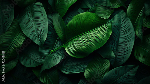 Lush Green Tropical Leaves Pattern, dense and lush pattern of green tropical leaves creates a soothing and natural backdrop with a focus on texture and light play