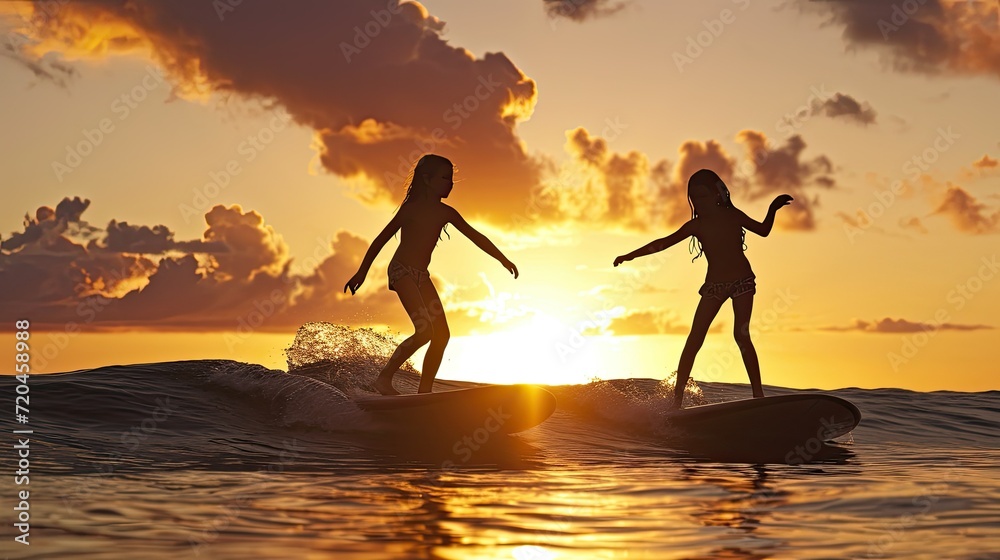 The sun-kissed waves provide the perfect backdrop as two friends catch a wave together, their laughter carried by the sea breeze.