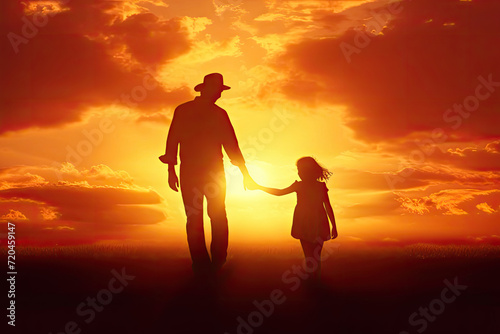 Silhouette of Father Holding Child Daughter's Hand at Evening Twilight Sunset with Dramatic Sky, Parent and Child Family Bonding, Care, and Friendship Concept with Flare Light Effect