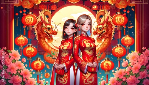 Cartoon illustration for the vietnamese lunar new year 2024 ,celebrating the year of the dragon.