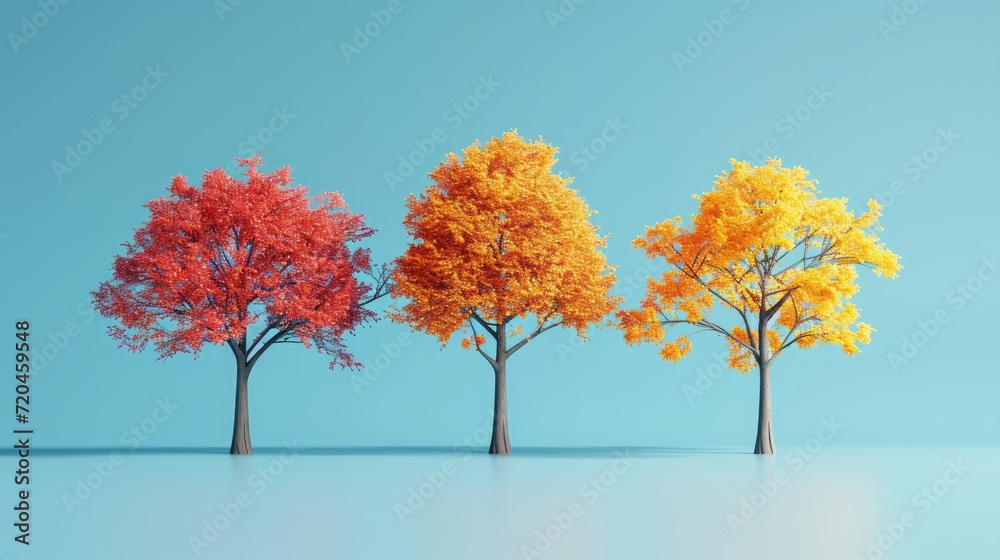 High visibility colored trees on blue background,3D, Trees stand ing, space for text High visibility colored trees on blue background,3D, Trees stand ing, space for text