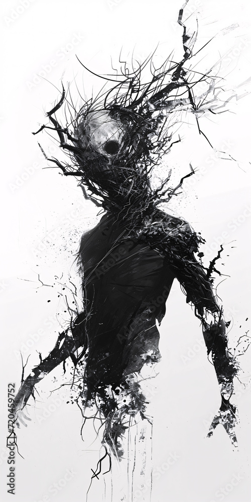 Abstract Black and White Artwork: A Mysterious Figure Emerging from Chaotic Lines and Splatters - Perfect for Modern Decor and Art Enthusiasts Abstract Black and White Artwork: A Mysterious Figure Emerging from Chaotic Lines and Splatters - Perfect for Modern Decor and Art Enthusiasts