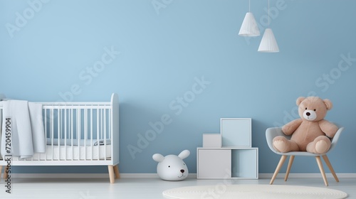 Une chambre de bébé bleue photo