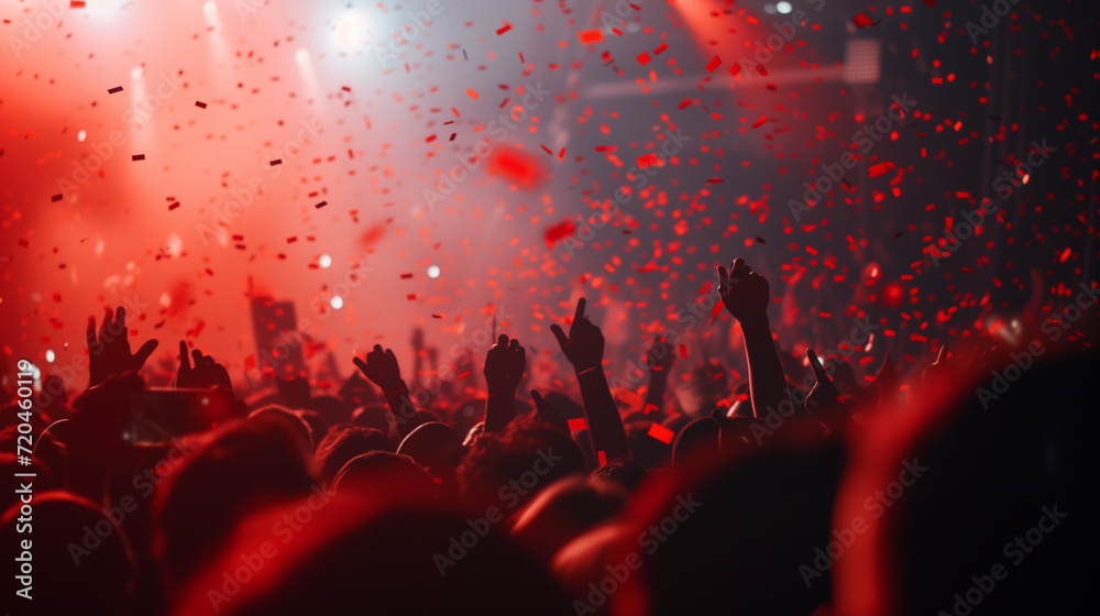 Night concert confetti fireworks. A vibrant image captures the electrifying moment of colorful confetti illuminating the sky, adding an extra layer of excitement to the music-filled atmosphere.