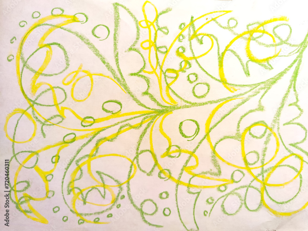 Abstract background, texture drawn in green chalk with flower pattern, plants with smooth lines, curves, leaves, circles. Copy space, card, wallpaper Abstract background, texture drawn in green chalk with flower pattern, plants with smooth lines, curves, leaves, circles. Copy space, card, wallpaper