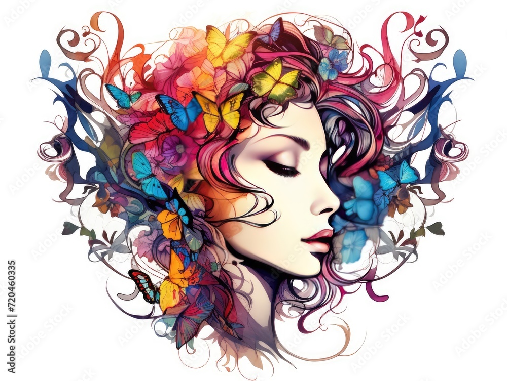 Woman With Colorful Hair and Butterflies on Her Head