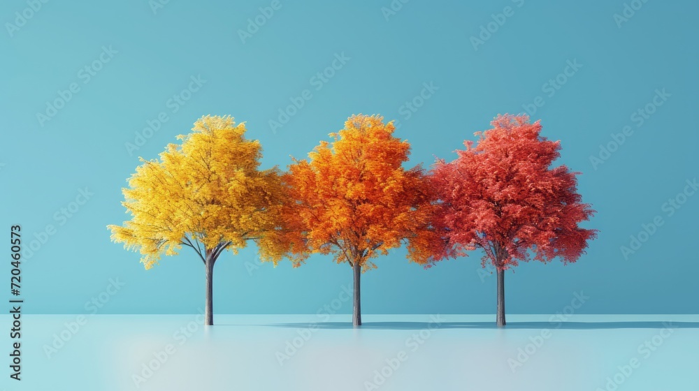 High visibility colored trees on blue background,3D, Trees stand ing, space for text High visibility colored trees on blue background,3D, Trees stand ing, space for text