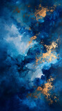 an abstract painting showing blue and gold
