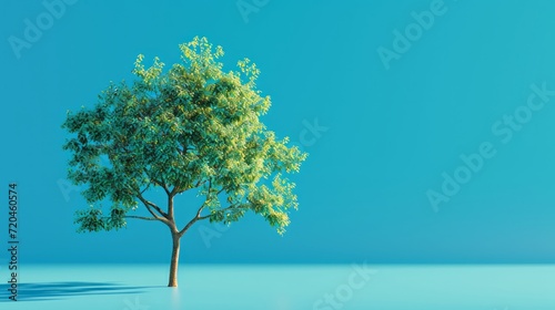 Green colored tree on blue background,3D, Trees stand ing, space for text 
