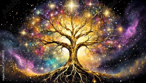 golden tree of life  spiritual symbol  galaxy in background  universe