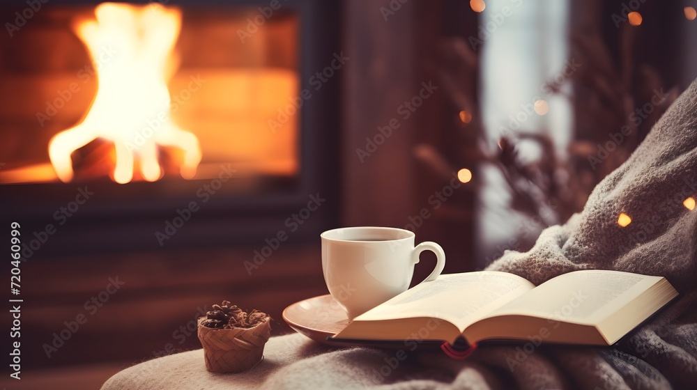 Person relaxing at home reading book feeling relaxed on a cozy winter morning enjoying cup of hot tea coffee
