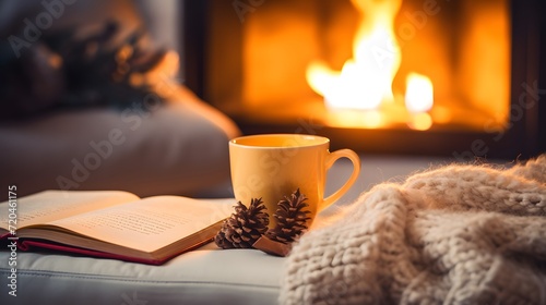 Person relaxing at home reading book feeling relaxed on a cozy winter morning enjoying cup of hot tea coffee