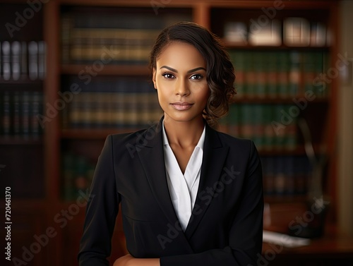 Woman in Business Suit Standing in Front of Bookshelf.