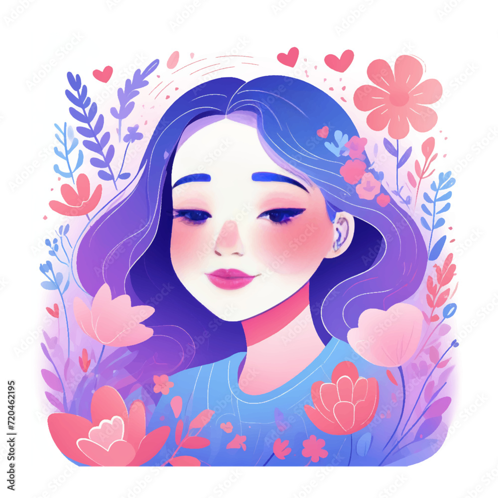 Cards for Valentine's Day. Dreamy girl in love in flowers. Flat illustration.