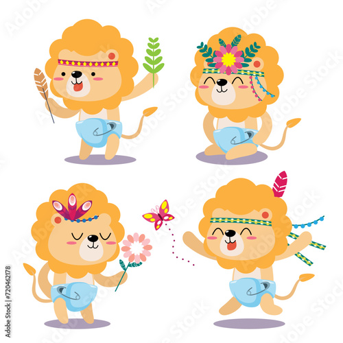 Cartoon Tribal forest animal character. cute Indian animals. cute baby lion. 