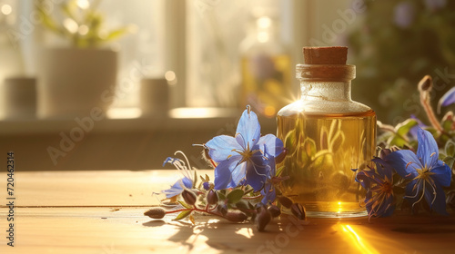 jar with essential oil extract of borage oil on a wooden background photo