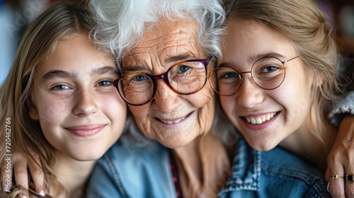 Three Generations of Women Smiling Together.A heartwarming portrait of three generations of women - a child, her mother, and grandmother, sharing a joyful moment, radiating happiness and family unity.