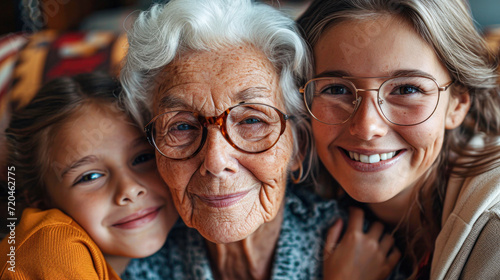 Three Generations of Women Smiling Together.A heartwarming portrait of three generations of women - a child, her mother, and grandmother, sharing a joyful moment, radiating happiness and family unity. photo
