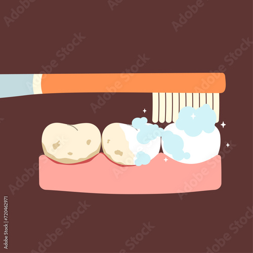 Brushing teeth. Dental care concept. Toothbrush and toothpaste bubbles foam. Oral hygiene. Flat vector isolated illustration