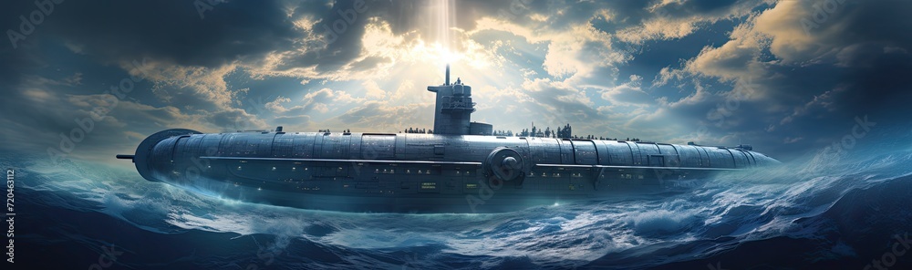 .A naval submarine navigating the open sea. - obrazy, fototapety, plakaty 