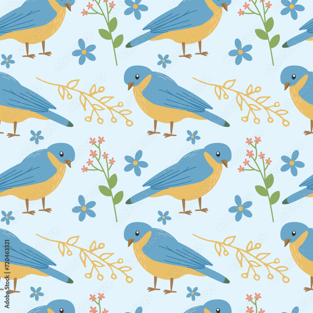 Vector pattern illustration, spring , summer bird ,colorful with flower elements on white background