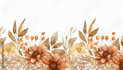 Border with watercolor border with autumn brown wild flowers and leaves, wedding illustration © Preston