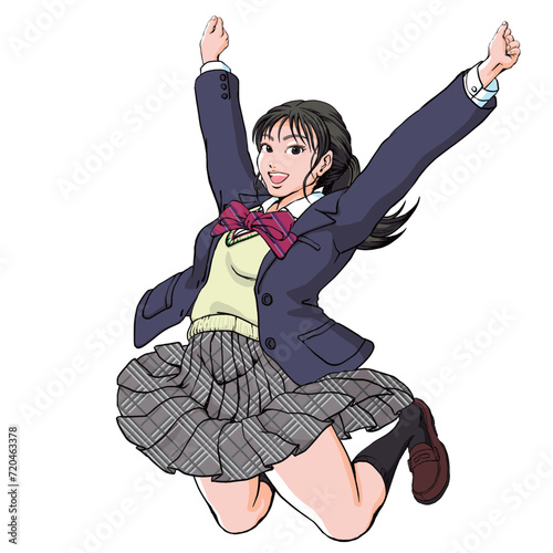 バンザイポーズでジャンプする女子高生_顔正面向き_ブレザーベスト