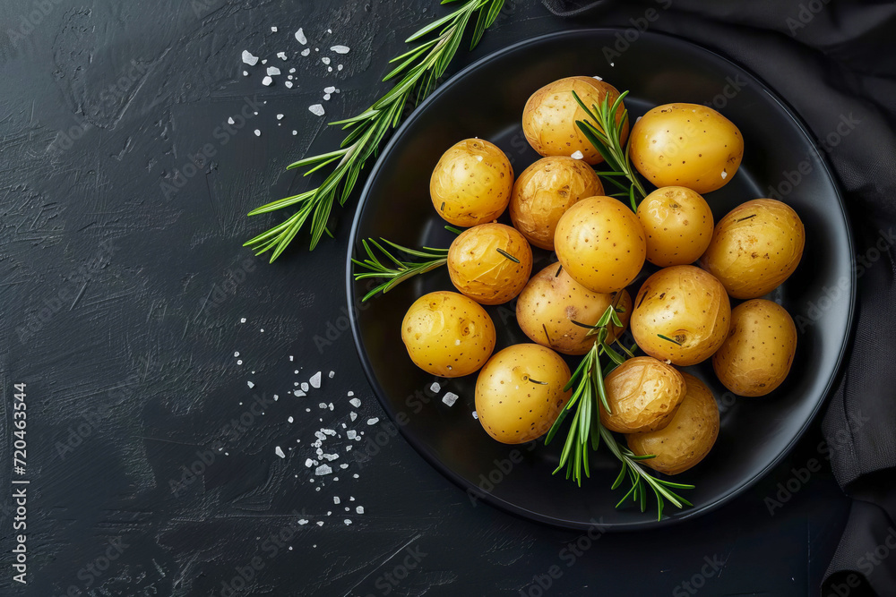 Boiled baby potatoes with rosemary and sea salt on a black plate.