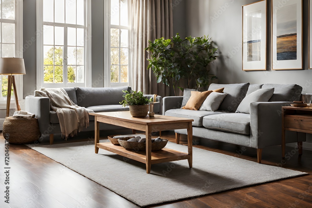 Fototapeta premium Australian Tonal-ism Delight - Cozy Living Room with Grey Sofa and Wooden Table