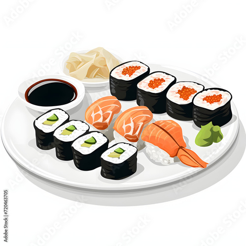 Plate of sushi isolated on white background, simple style, png
