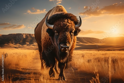 Magnificent bison serenely walking amidst softly blurred prairie landscape in the warm sunset glow