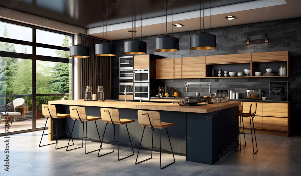 modern kitchen with wood bar island