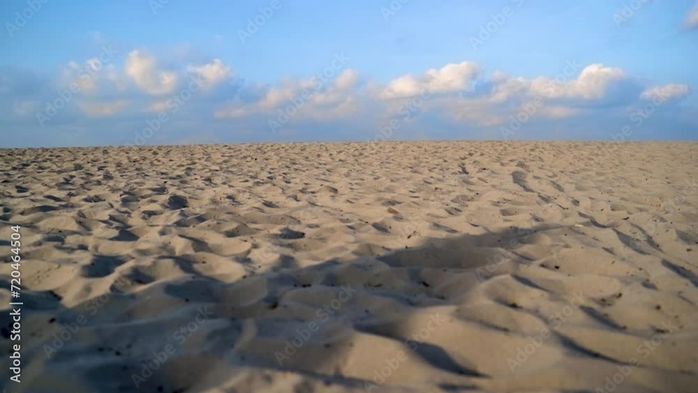 Dry desert landscape. Hot lifeless sand of desert and blue sky in summer sunny day. Flat desert. Moving human shadows on the sand. Travel and tourism concept. Dry desert landscape. Hot lifeless sand of desert and blue sky in summer sunny day. Flat desert. Moving human shadows on the sand. Travel and tourism concept.