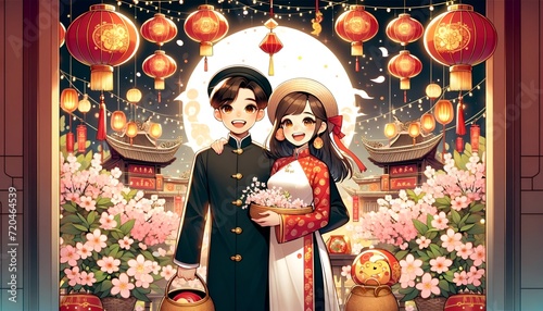 Tet, the Vietnamese Lunar New Year celebration, in a anime style.