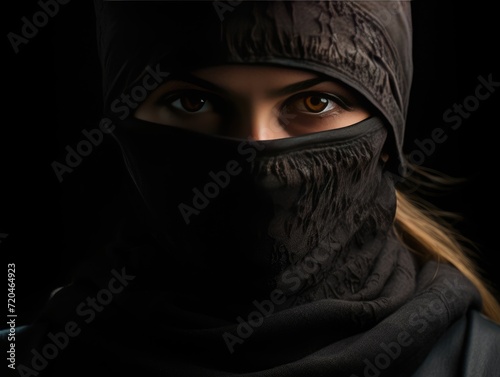 Woman Wearing Black Head Covering in a City Street photo