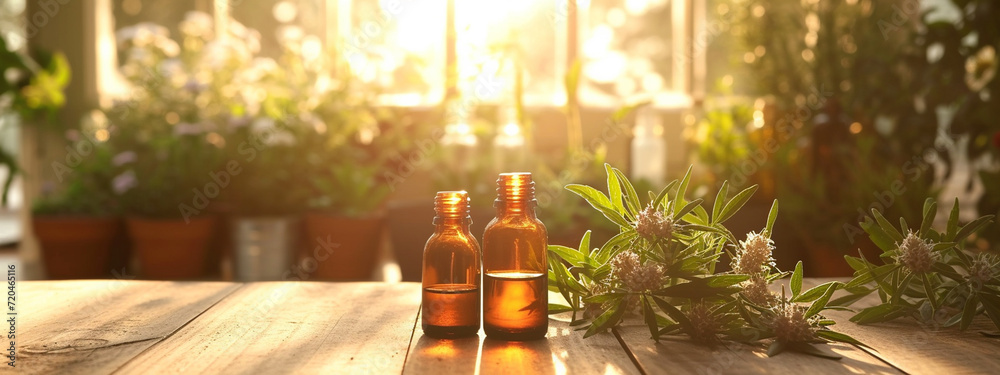 jar with extract of mother-and-stepmother essential oil on a wooden background jar with extract of mother-and-stepmother essential oil on a wooden background