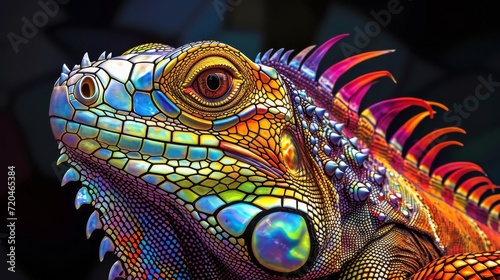 close up of a colorful iguana