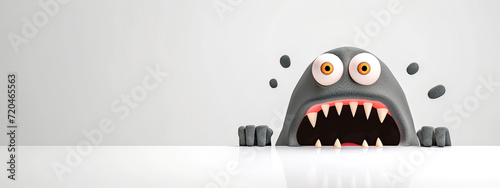 A humorous and quirky cartoonish creature peeking over a surface, with wide, startled eyes and a gaping mouth displaying pointed teeth, set against a minimalistic white background. photo