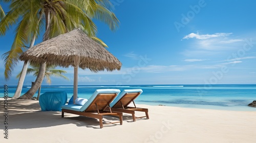 Pristine white sand beach  azure ocean and tranquility framed by greenery and palm trees.