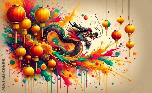 Splattered paint style illustration celebrating the Vietnamese Lunar New Year 2024,the year of the Dragon.