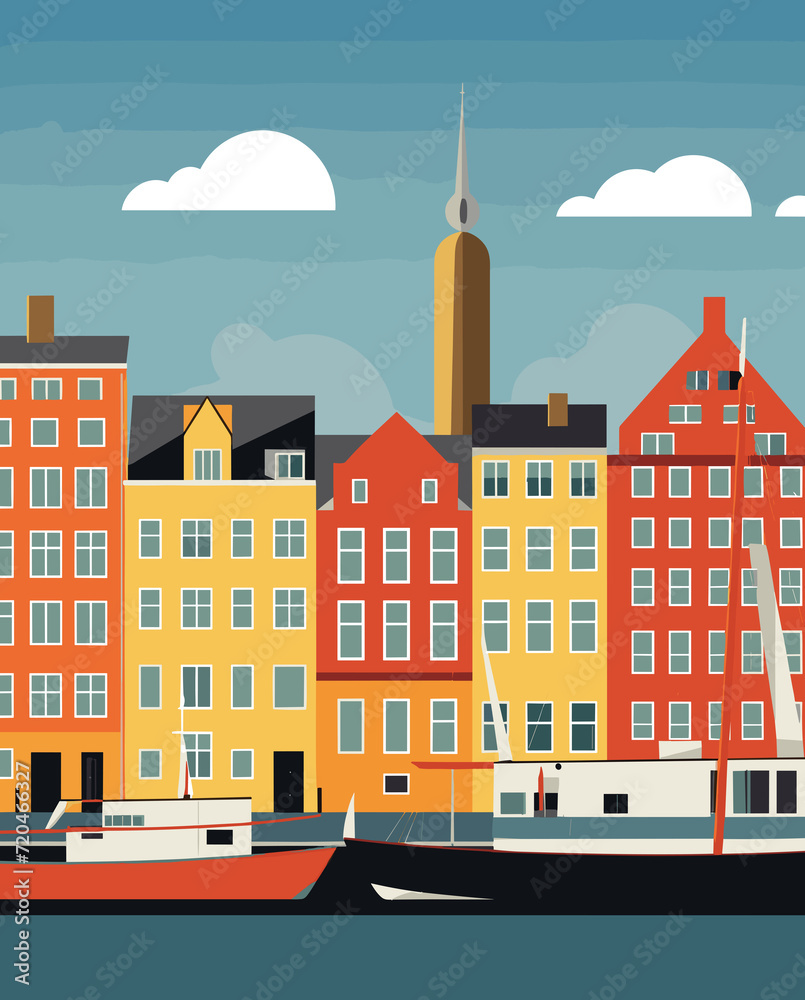 Illustration of Copenhagen Denmark Travel Poster in Colorful Flat Digital Art Style