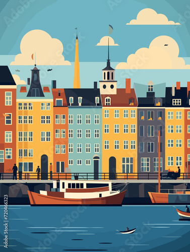 Illustration of Copenhagen Denmark Travel Poster in Colorful Flat Digital Art Style