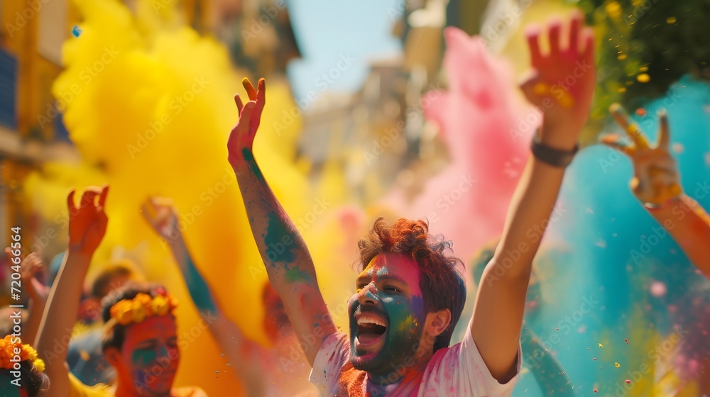 Obraz premium Holi background filled with vibrant colors, people celebrating the festival of colors.