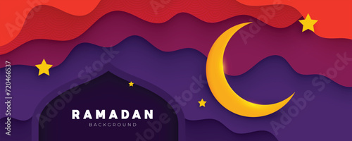 Ramadan Kareem background design with papercut cloud, moon and stars vector ilustration