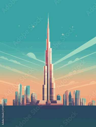 Illustration of Dubai United Arab Emirates Travel Poster in Colorful Flat Digital Art Style