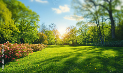 Fotografia Vibrant spring nature backdrop with a pristine, neatly trimmed lawn and lush tre